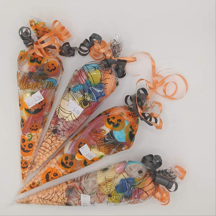 Halloween-themed candy cones with decorative ribbons on a white background